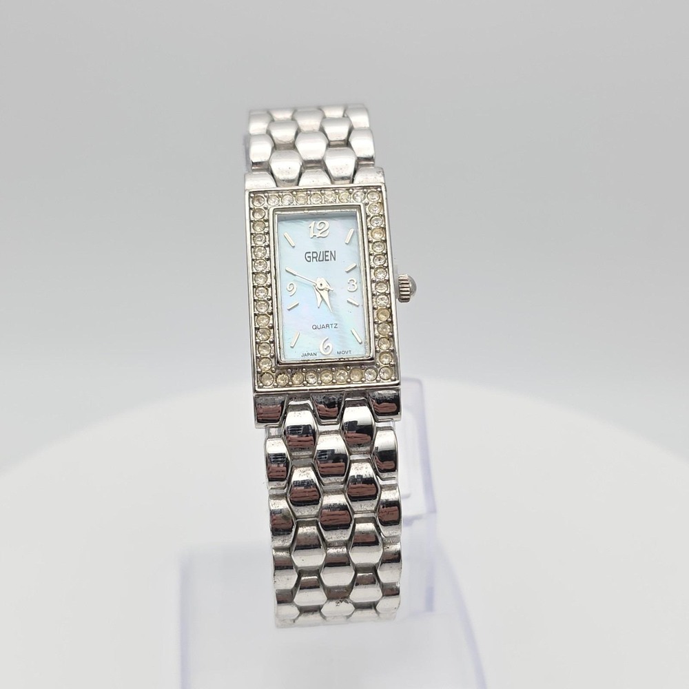 Vtg GRUEN Ladies Watch Mother Of Pearl Crystal Accent Silver Tone 7" New Battery